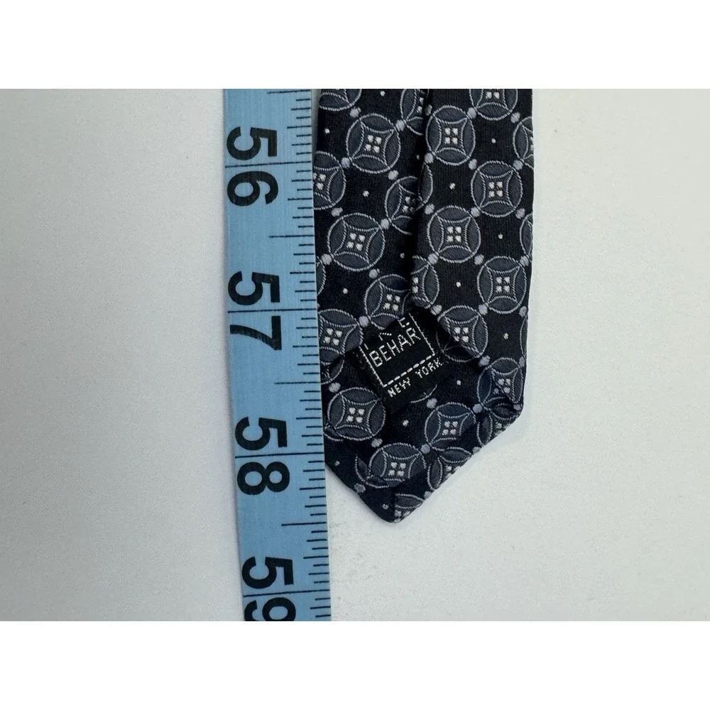 INE BEHAR BLACK GREY Neck Tie Medallion‎ Silk Neck Tie Hand Tailored EXC